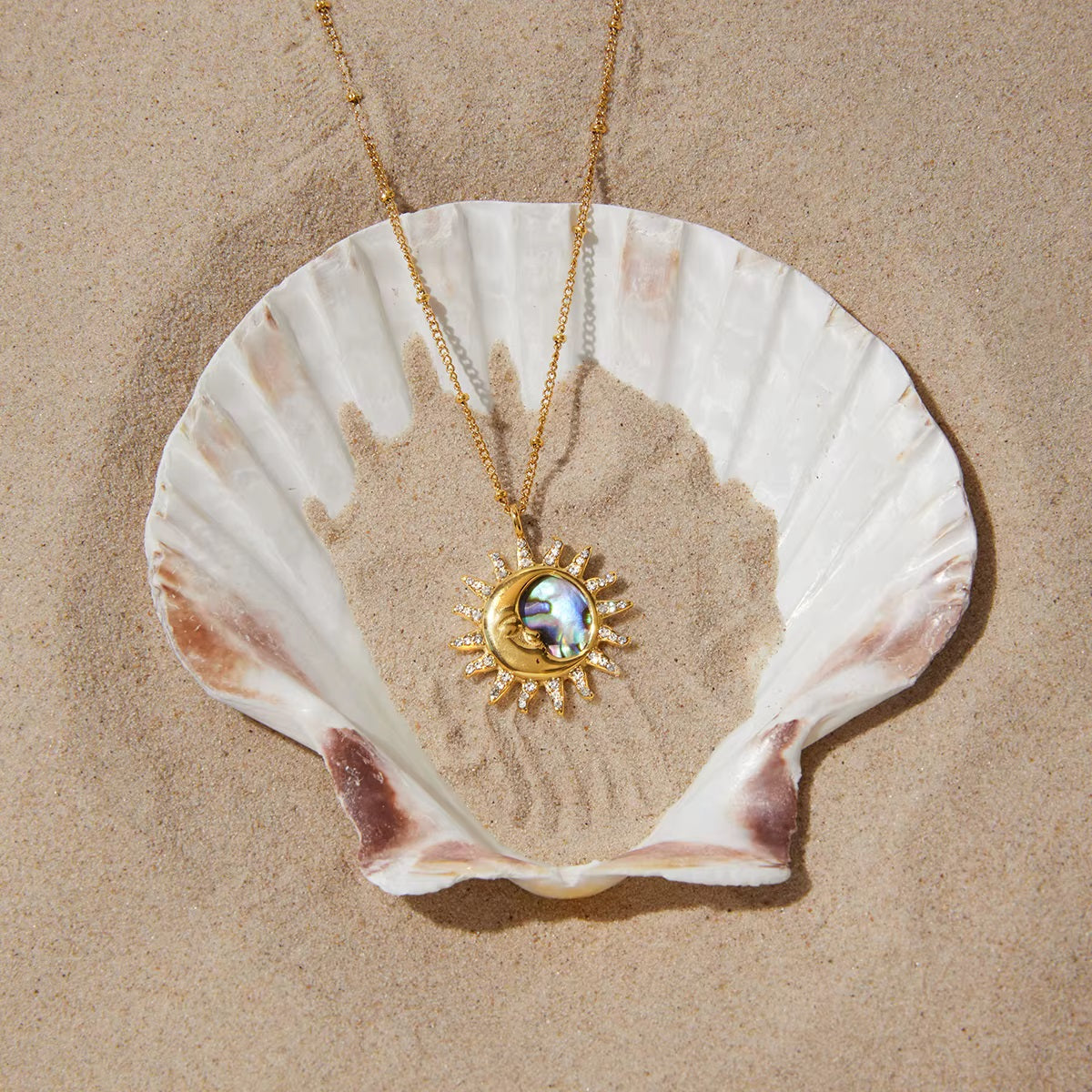 Sunburst with a Crescent Moon Pendant Necklace