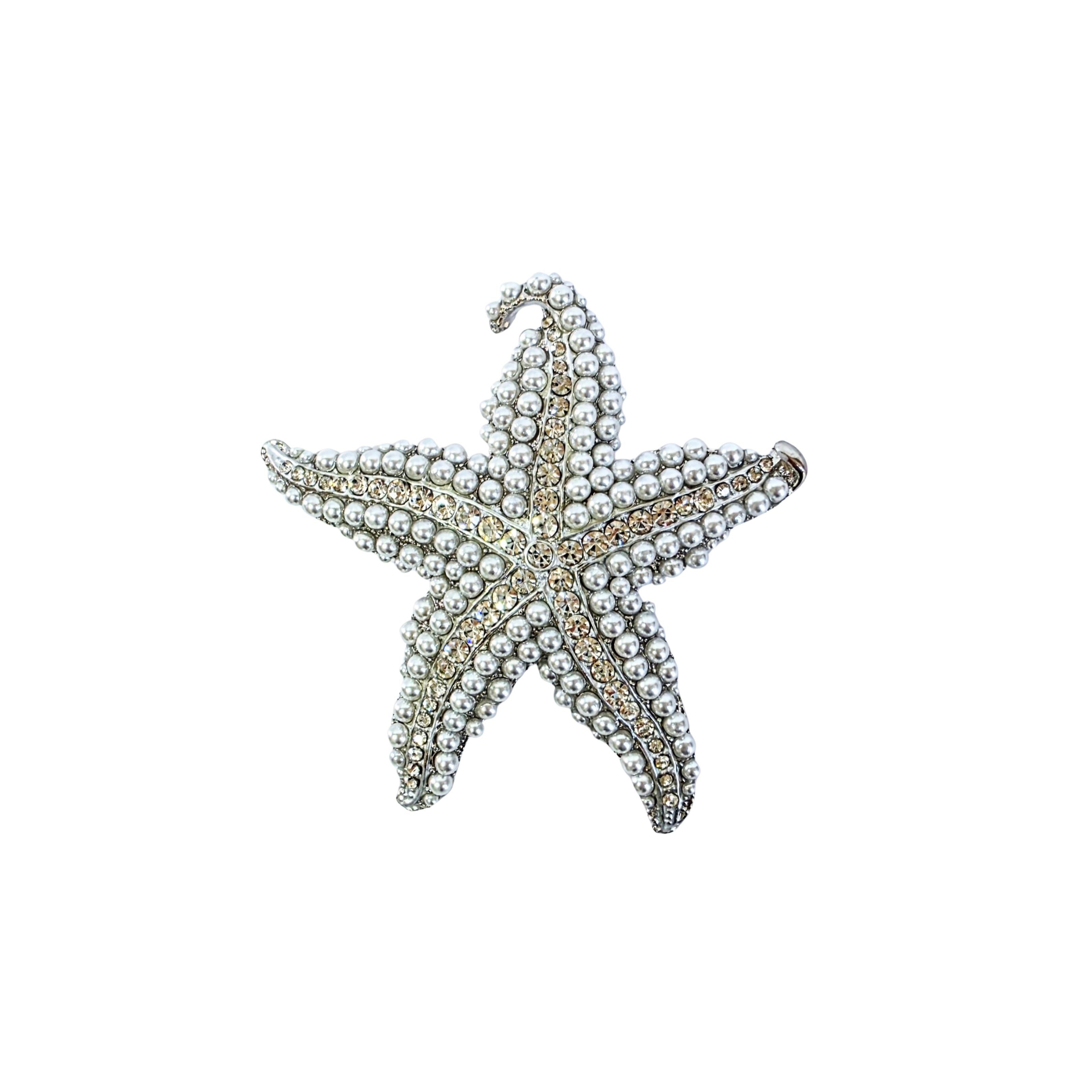 Pearl Rhinestone Embellished Starfish Pin Brooch
