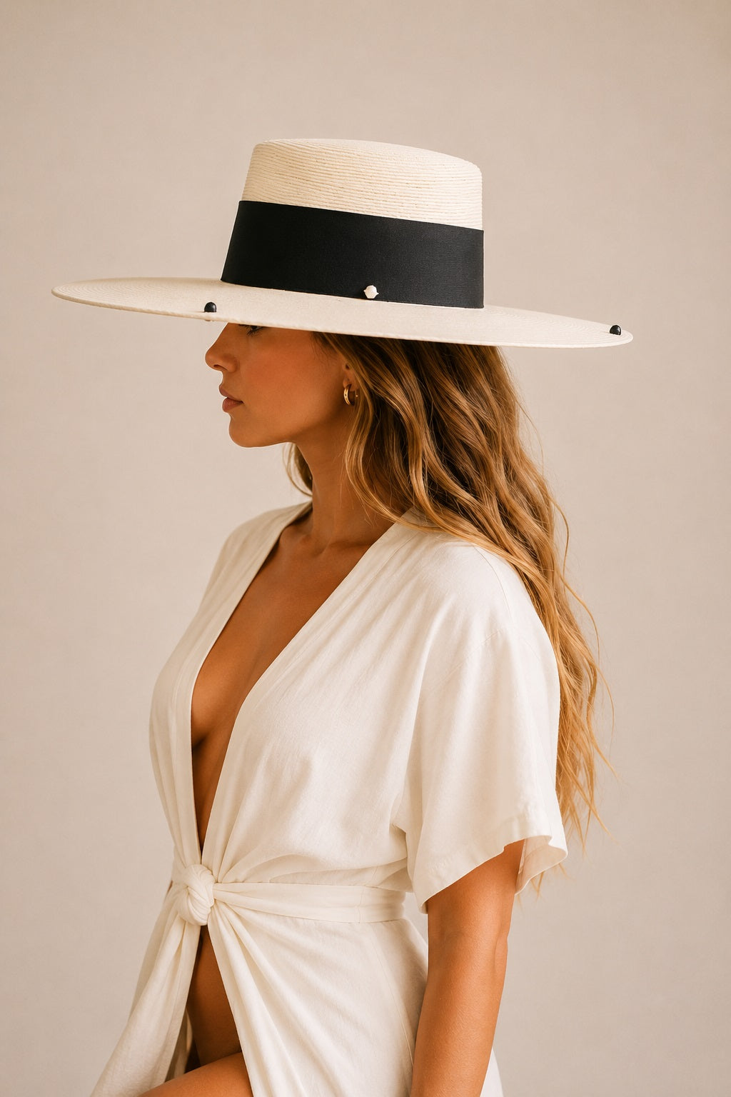 The Monaco – Ivory Wide Brim Hat with Black Band