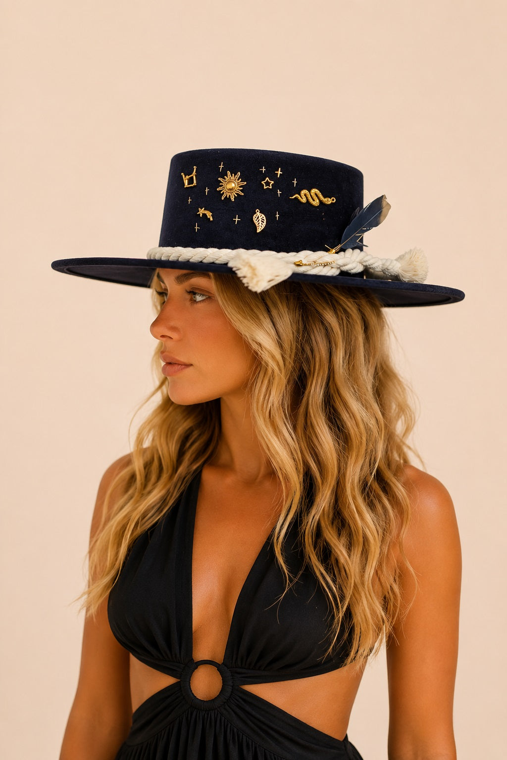 Amadis Boater Crown Hat - Black
