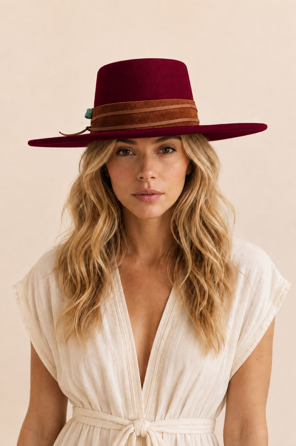 Tasha Boater Crown Hat- Burgundy