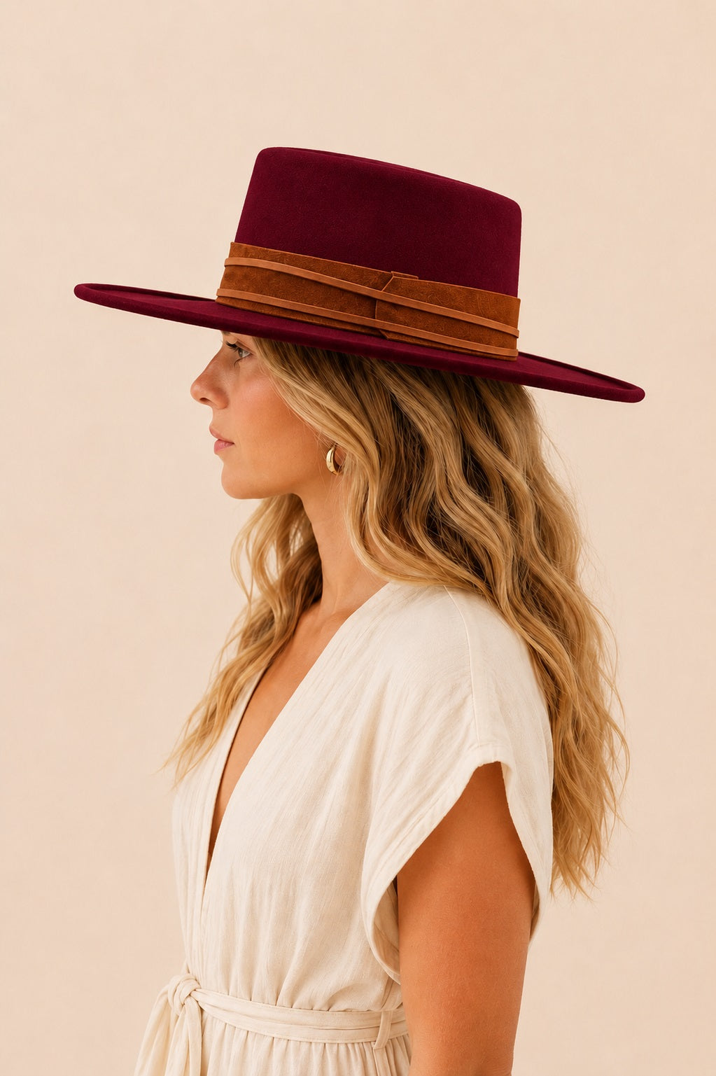 Tasha Boater Crown Hat- Burgundy