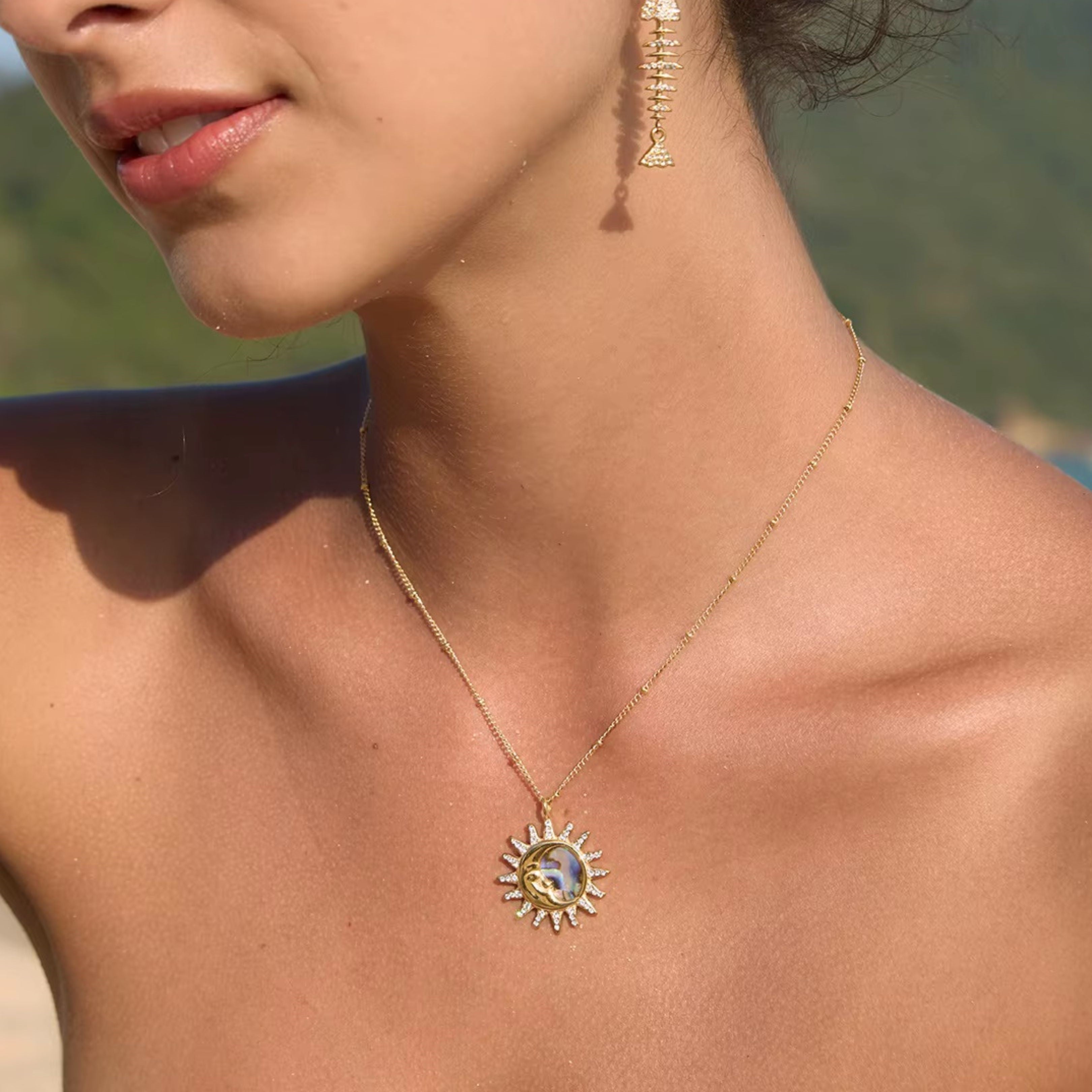 Sunburst with a Crescent Moon Pendant Necklace