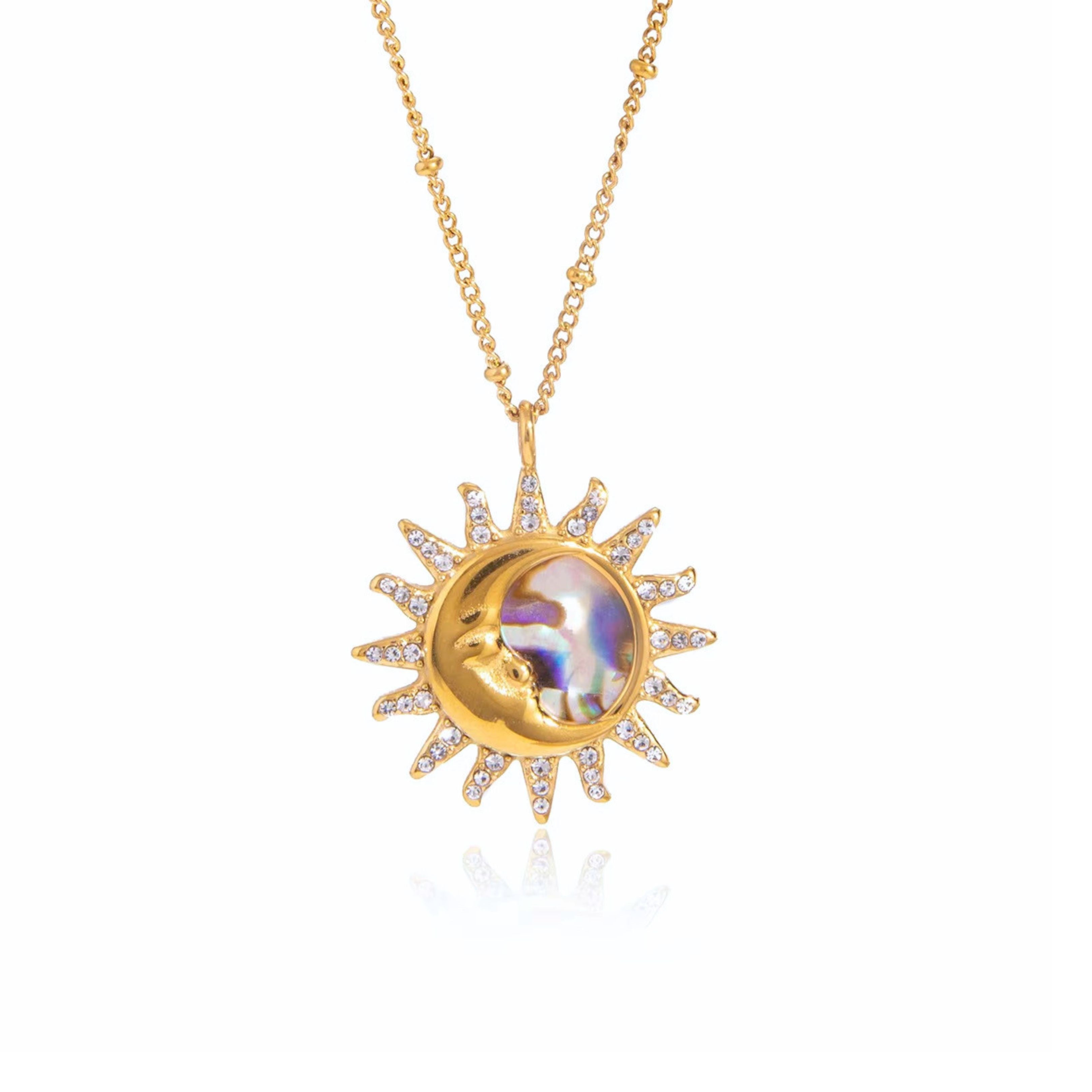 Sunburst with a Crescent Moon Pendant Necklace