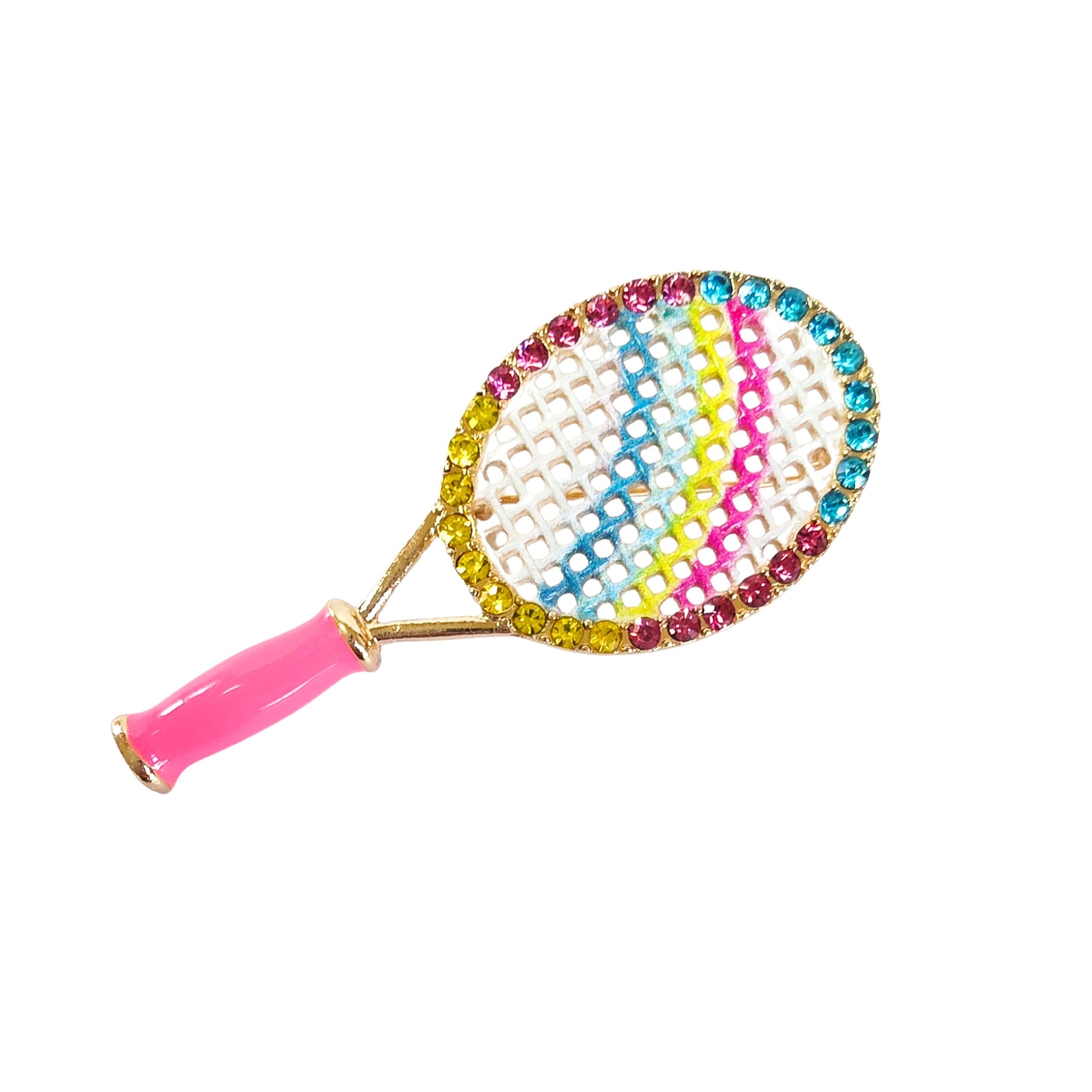 Rhinestone Rainbow Tennis Racket Pin Brooch
