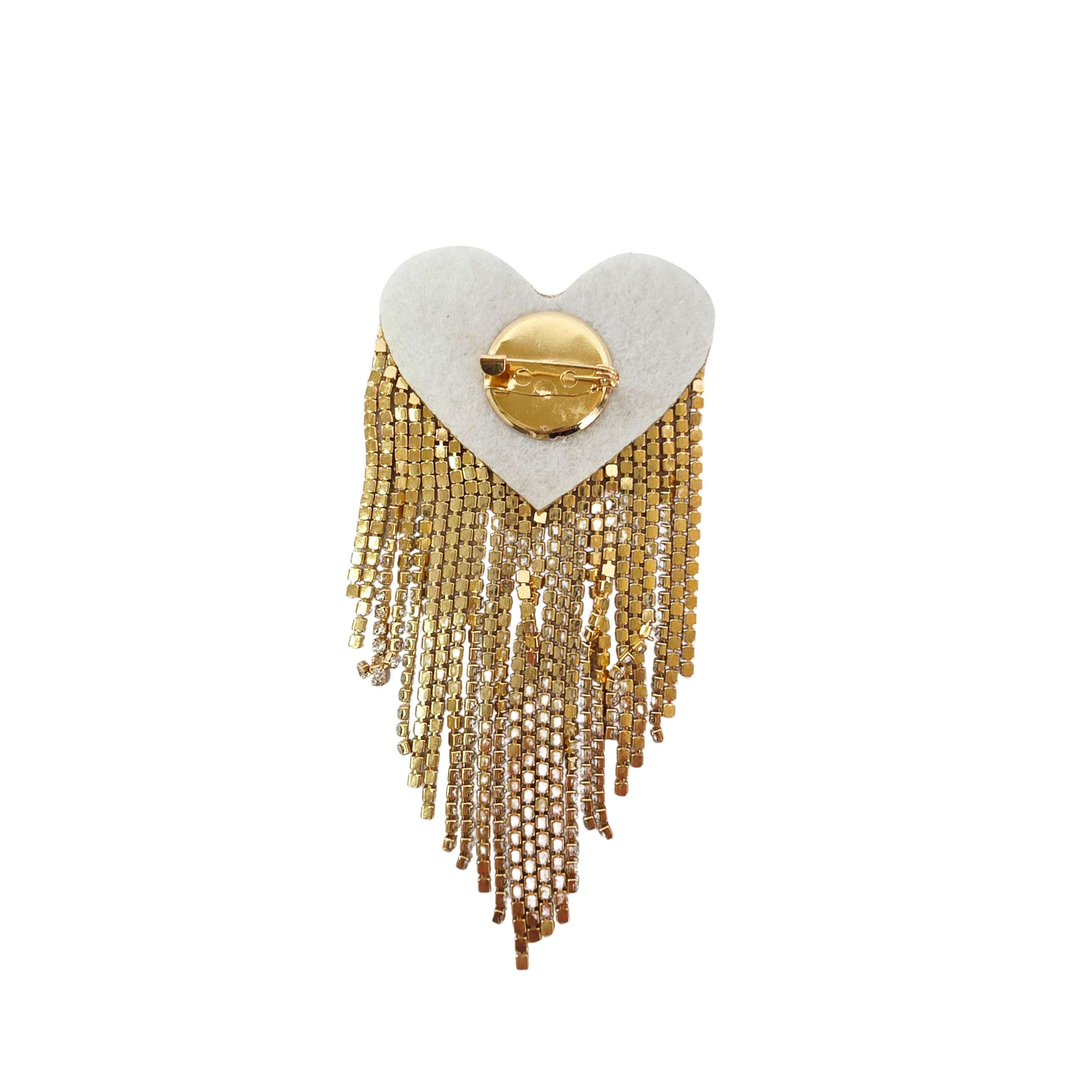 Rhinestone Heart Fringe Pin Brooch