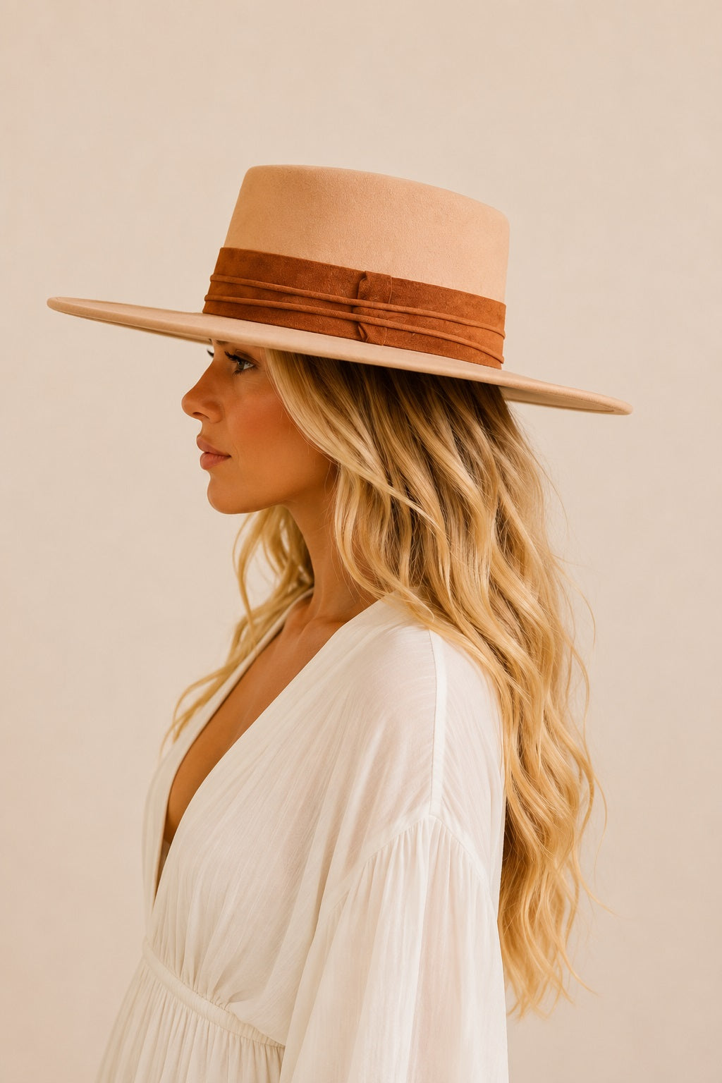 Tasha Boater Crown Hat- Camel