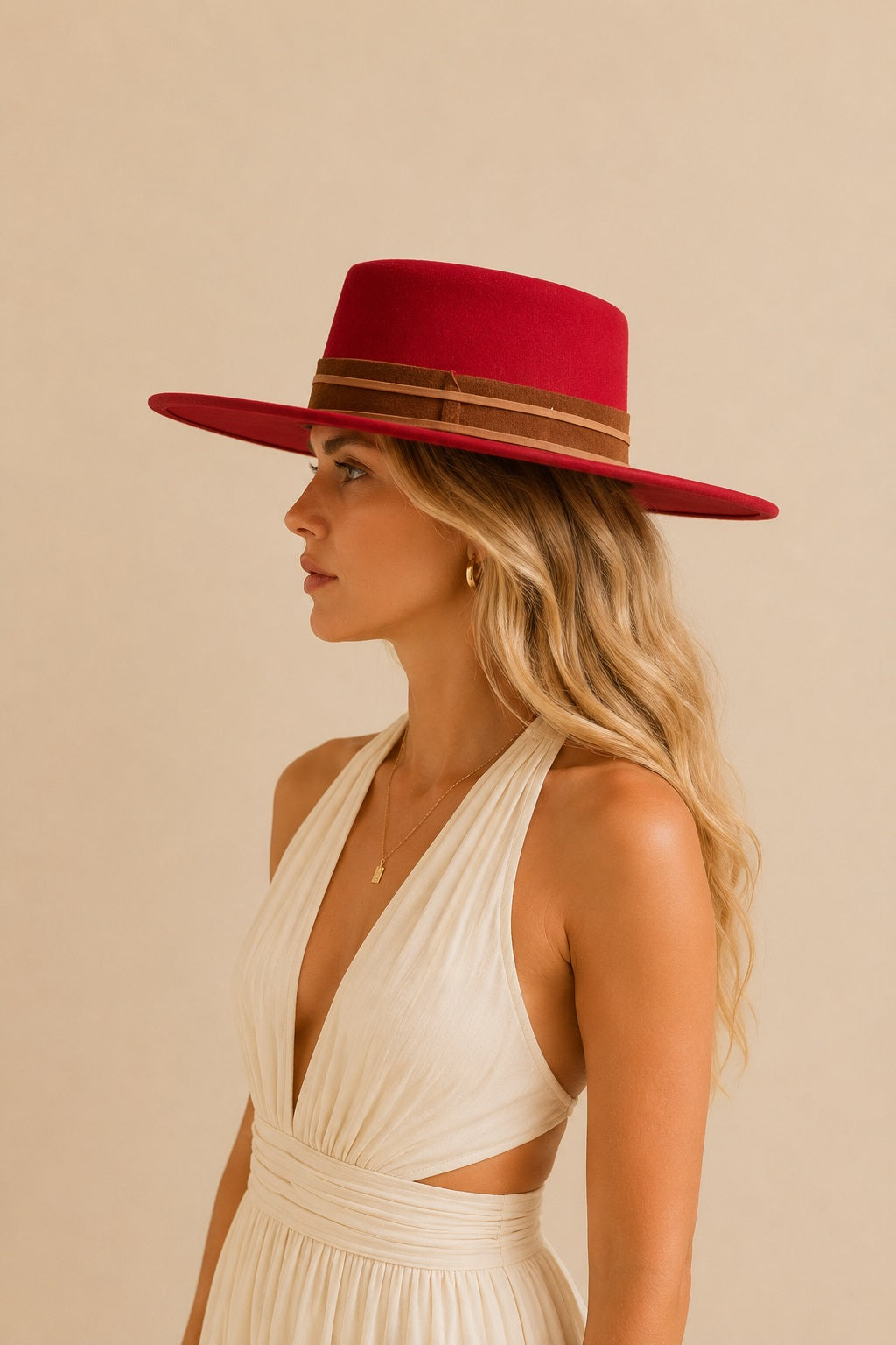 Tasha Boater Crown Hat- Red